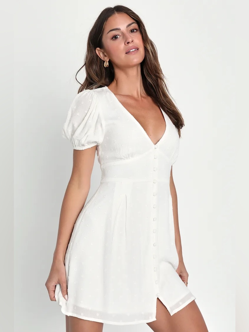 NWT Lulus XS Daily Sweetness White Swiss Dot Puff Sleeve Mini Dress